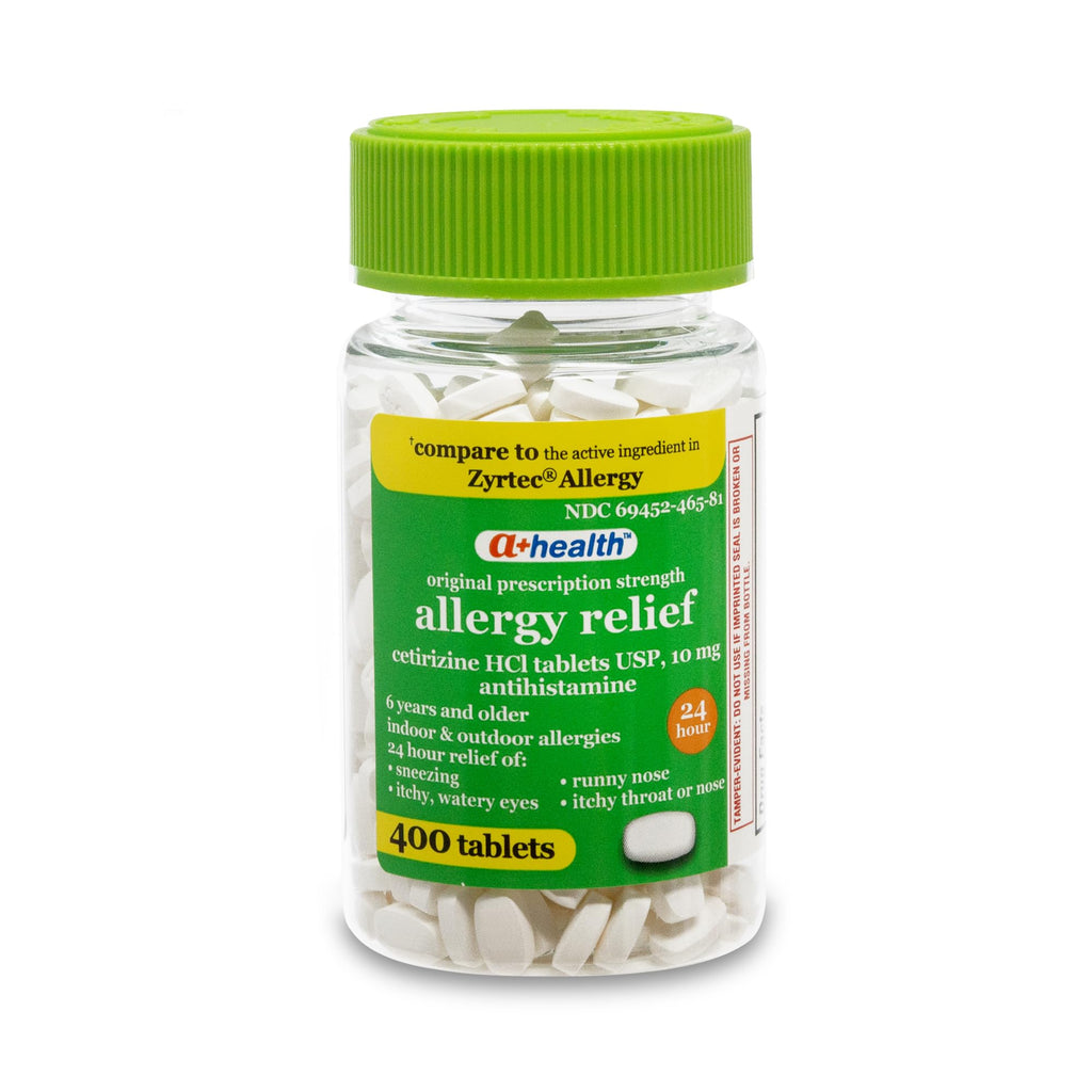 A+Health Cetirizine HCl 10mg Tablets, 24 Hour Allergy, Antihistamine, Indoor & Outdoor Allergies, Relief from Sneezing, Itchy Throat, Watery Eyes, 400 Count - Maple Wellness Supplements