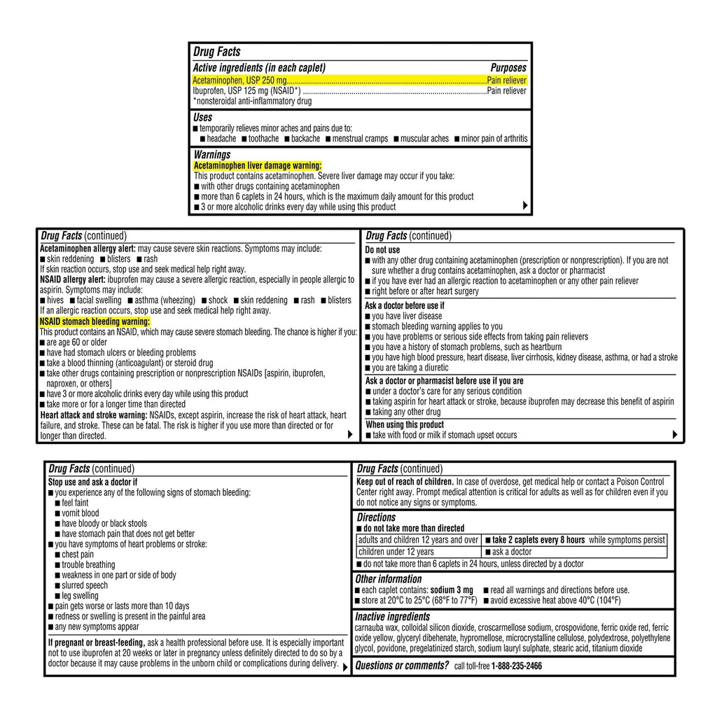 A+Health Dual Action Acetaminophen 250 mg and Ibuprofen (NSAID) 125mg Pain Reliever Caplets, 216 Count, 2 Medicines in 1 Caplet, Up to 8 Hours of Pain Relief - TrustMedUSA