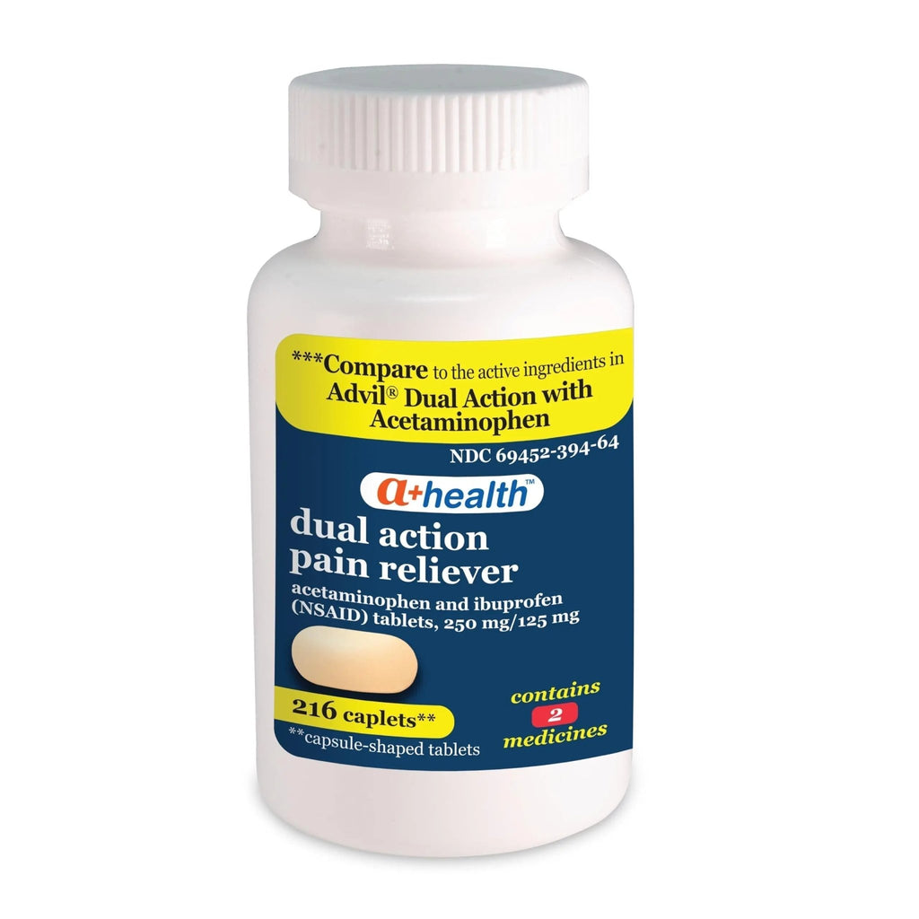 A+Health Dual Action Acetaminophen 250 mg and Ibuprofen (NSAID) 125mg Pain Reliever Caplets, 216 Count, 2 Medicines in 1 Caplet, Up to 8 Hours of Pain Relief - TrustMedUSA