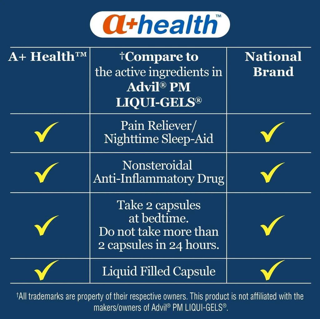 A+Health Ibuprofen PM Softgels, Pain Reliever/Nighttime Sleep Aid (NSAID), Ibuprofen 200mg and Diphenhydramine Hydrochloride 25mg, 120 Count - TrustMedUSA