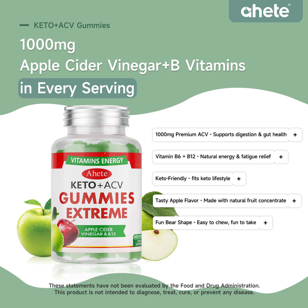 Ahete Keto Apple Cider Vinegar Gummies with Vitamin B6, B12, Folate & Beet Root, Keto ACV Gummies Supports Daily Wellness & Metabolism, Natural Apple Flavor, 60 Gummies (30 Day Supply) - TrustMedUSA