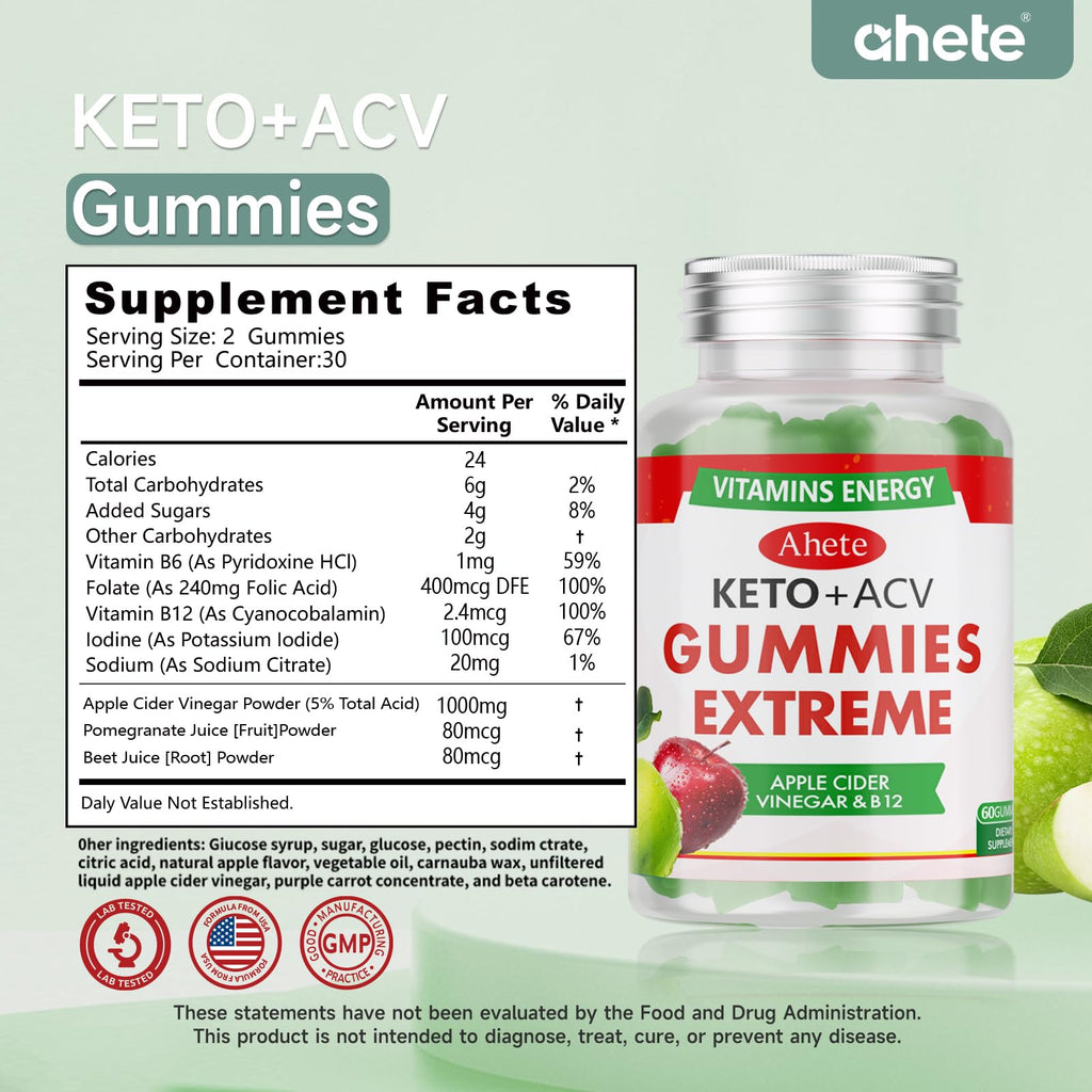 Ahete Keto Apple Cider Vinegar Gummies with Vitamin B6, B12, Folate & Beet Root, Keto ACV Gummies Supports Daily Wellness & Metabolism, Natural Apple Flavor, 60 Gummies (30 Day Supply) - TrustMedUSA