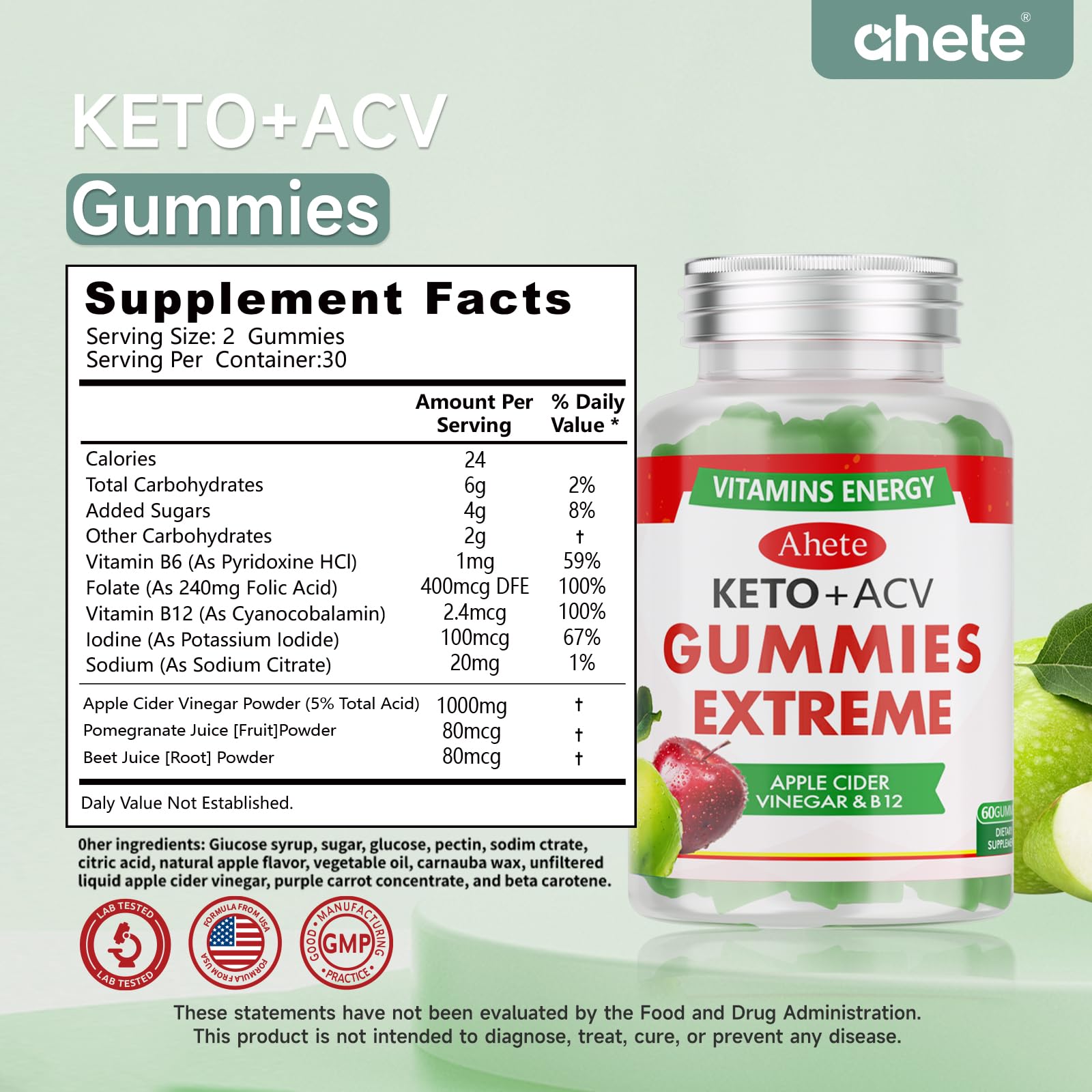 Ahete Keto Apple Cider Vinegar Gummies with Vitamin B6, B12, Folate & Beet Root, Keto ACV Gummies Supports Daily Wellness & Metabolism, Natural Apple Flavor, 60 Gummies (30 Day Supply) - TrustMedUSA