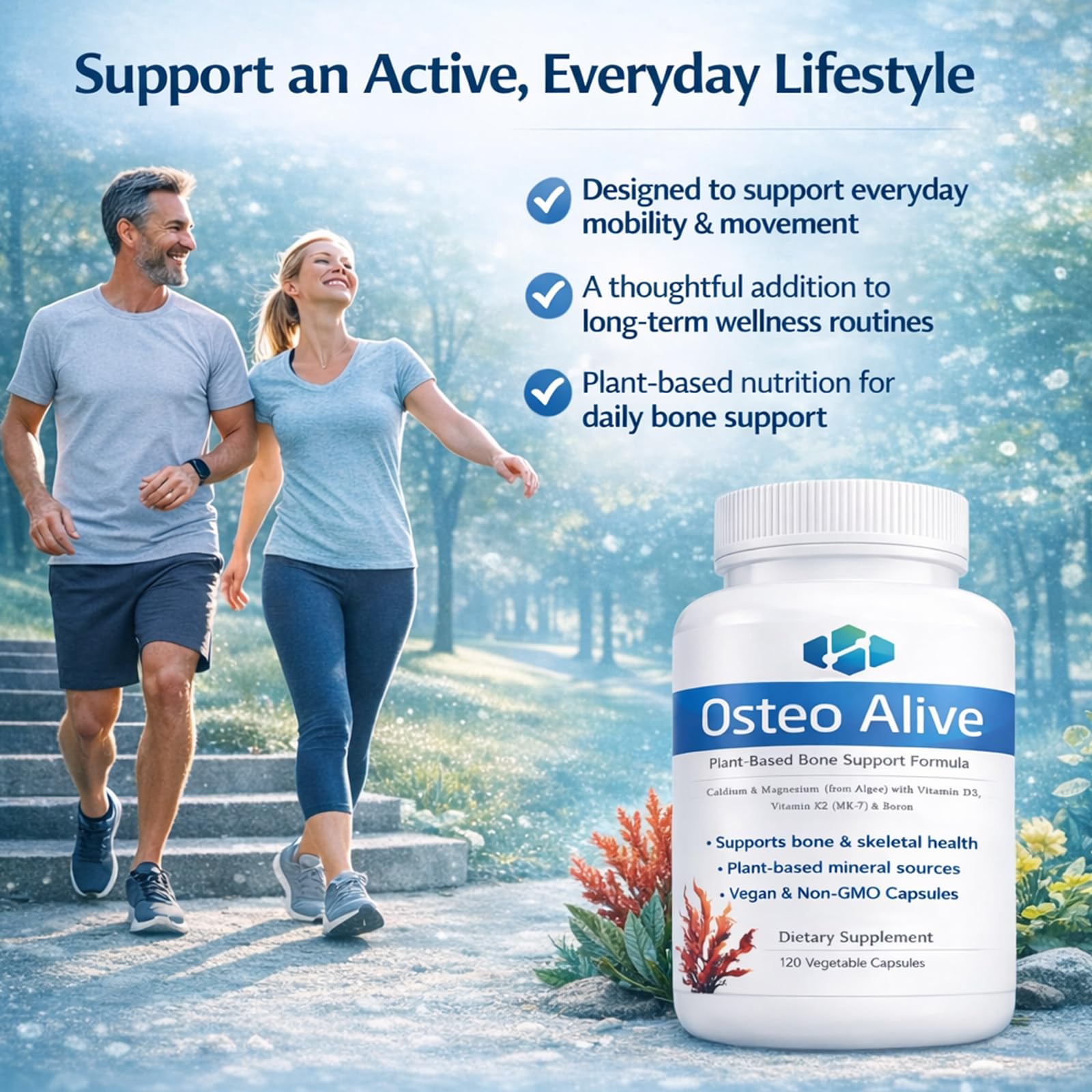 AIFBENK Osteo Alive Bone Support, with Plant-Based Calcium & Magnesium (from Algae), Vitamin D3 (from Lichen), Vitamin K2 (MK-7), Boron & BioPerine, Helps Support Bone & Skeletal Health - TrustMedUSA