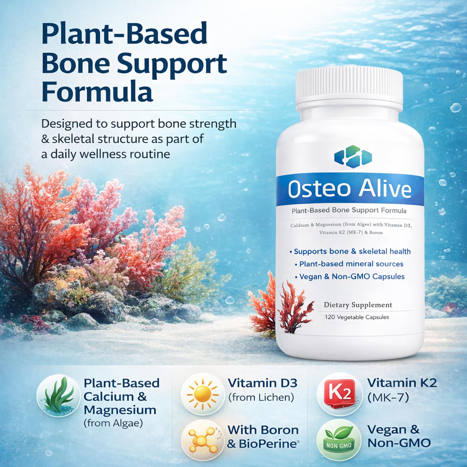 AIFBENK Osteo Alive Bone Support, with Plant-Based Calcium & Magnesium (from Algae), Vitamin D3 (from Lichen), Vitamin K2 (MK-7), Boron & BioPerine, Helps Support Bone & Skeletal Health - TrustMedUSA