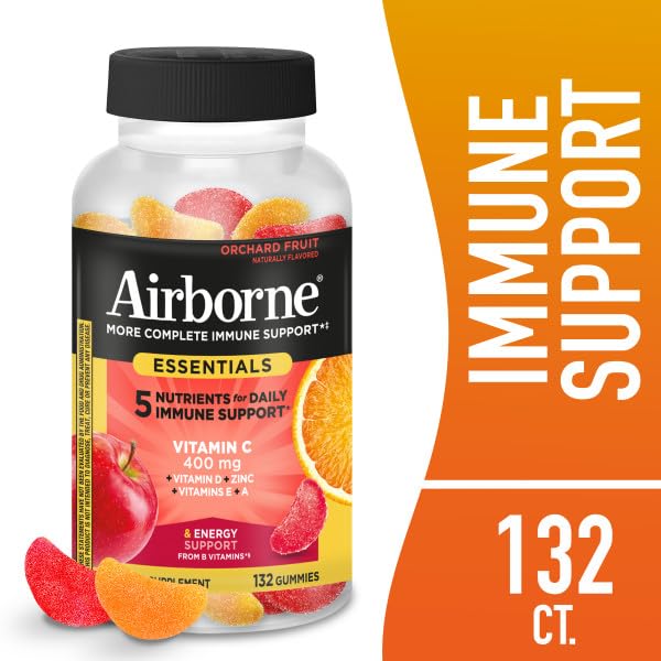 Airborne 400mg Vitamin C Gummies for Adults & Children, Immune Essentials Daily Immune Support Supplement with Vitamins C & E - Orchard Fruit Flavor, 132 Gummies (Pack of 2) - TrustMedUSA