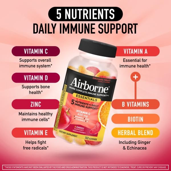 Airborne 400mg Vitamin C Gummies for Adults & Children, Immune Essentials Daily Immune Support Supplement with Vitamins C & E - Orchard Fruit Flavor, 132 Gummies (Pack of 2) - TrustMedUSA