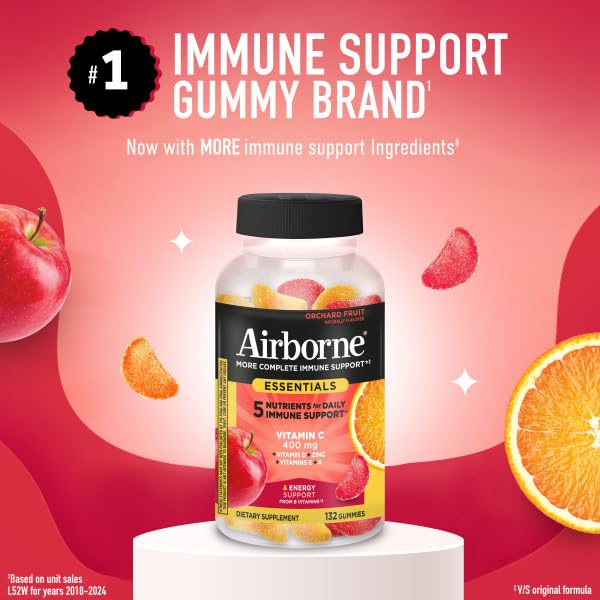 Airborne 400mg Vitamin C Gummies for Adults & Children, Immune Essentials Daily Immune Support Supplement with Vitamins C & E - Orchard Fruit Flavor, 132 Gummies (Pack of 2) - TrustMedUSA