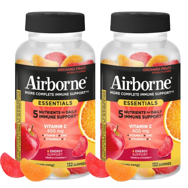 Airborne 400mg Vitamin C Gummies for Adults & Children, Immune Essentials Daily Immune Support Supplement with Vitamins C & E - Orchard Fruit Flavor, 132 Gummies (Pack of 2) - TrustMedUSA