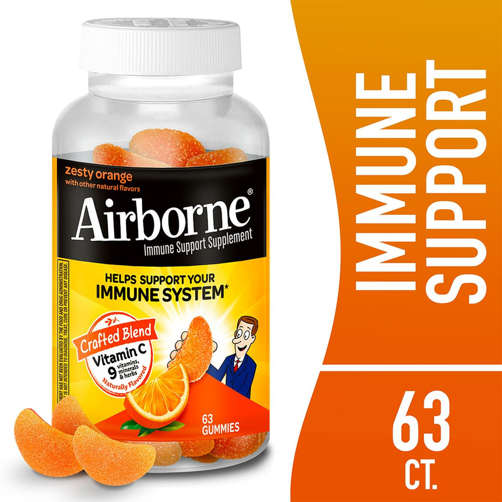Airborne 750mg Vitamin C Immune Support Supplement Gummies for Adults, Zesty Orange Flavor, Gluten Free Crafted Blend with Powerful Antioxidants Vitamins A C & E, 63 Gummies (3 Pack) - TrustMedUSA
