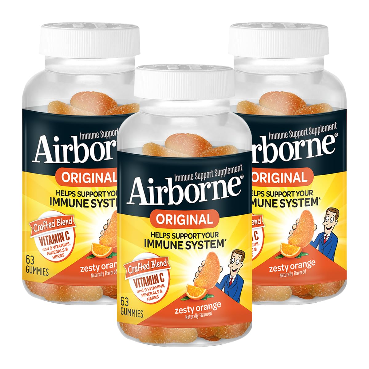 Airborne 750mg Vitamin C Immune Support Supplement Gummies for Adults, Zesty Orange Flavor, Gluten Free Crafted Blend with Powerful Antioxidants Vitamins A C & E, 63 Gummies (3 Pack) - TrustMedUSA