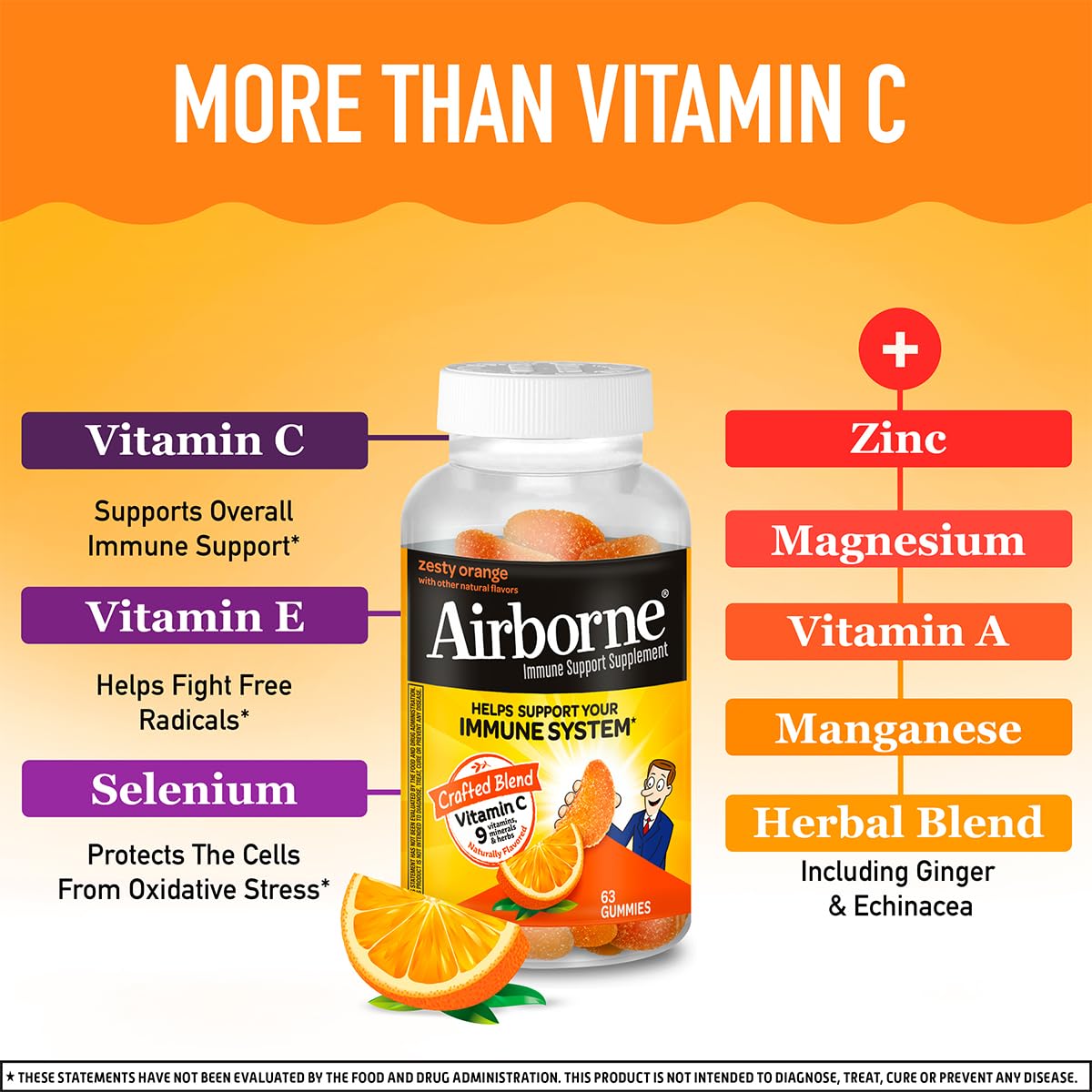 Airborne 750mg Vitamin C Immune Support Supplement Gummies for Adults, Zesty Orange Flavor, Gluten Free Crafted Blend with Powerful Antioxidants Vitamins A C & E, 63 Gummies (3 Pack) - TrustMedUSA