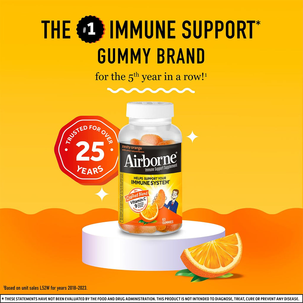 Airborne 750mg Vitamin C Immune Support Supplement Gummies for Adults, Zesty Orange Flavor, Gluten Free Crafted Blend with Powerful Antioxidants Vitamins A C & E, 63 Gummies (3 Pack) - TrustMedUSA
