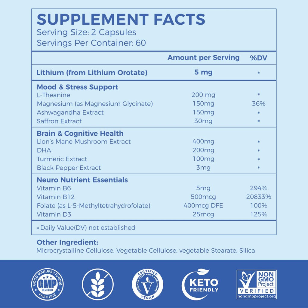 AiVital™ Lithium Orotate 5mg, 13-in-1 Lithium Supplement with Magnesium Glycinate, L-theanine & DHA for Daily Balance, Focus & Clarity, Low-Dose Formula, Non-GMO, Gluten Free, Vegan, 120 Capsules - TrustMedUSA