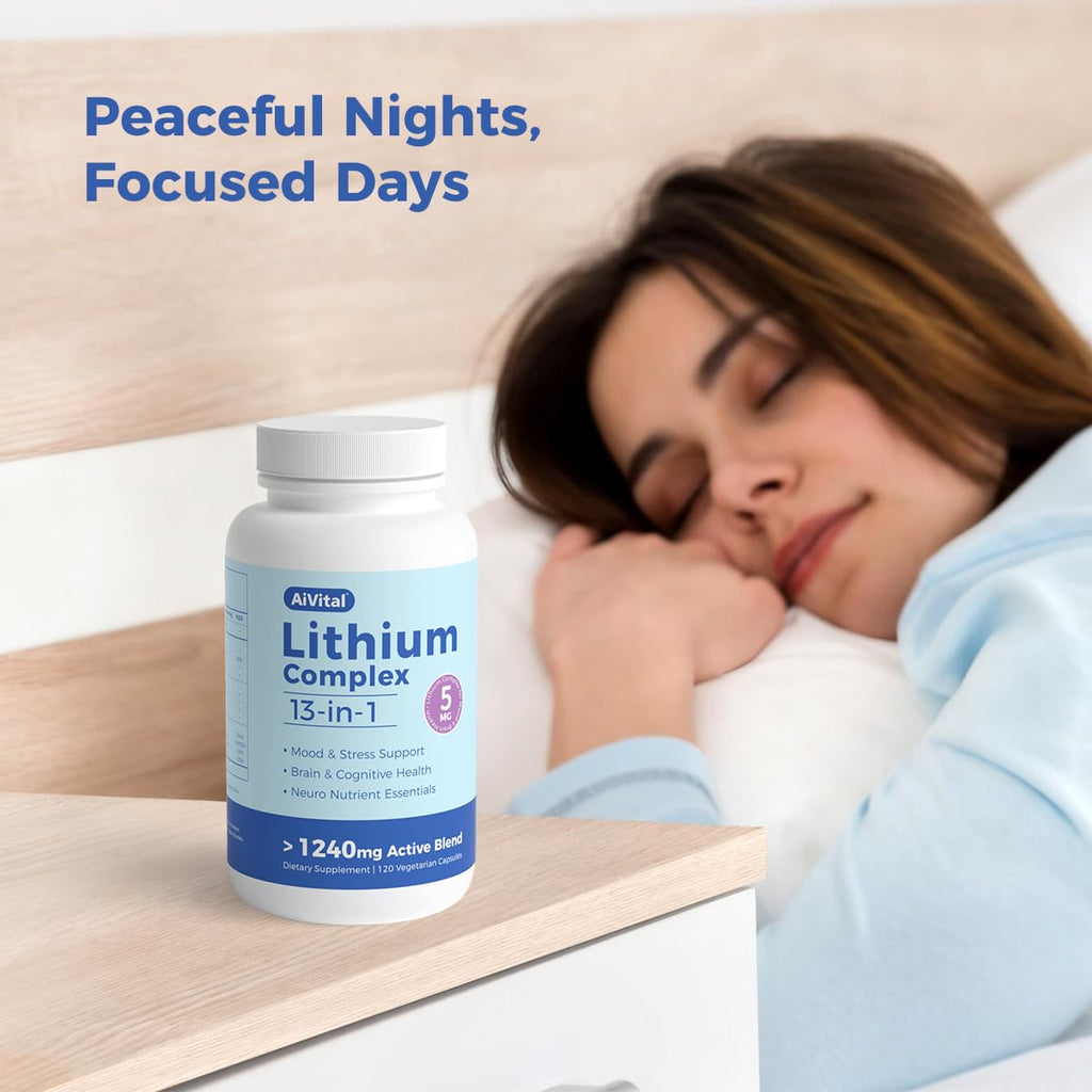 AiVital™ Lithium Orotate 5mg, 13-in-1 Lithium Supplement with Magnesium Glycinate, L-theanine & DHA for Daily Balance, Focus & Clarity, Low-Dose Formula, Non-GMO, Gluten Free, Vegan, 120 Capsules - TrustMedUSA