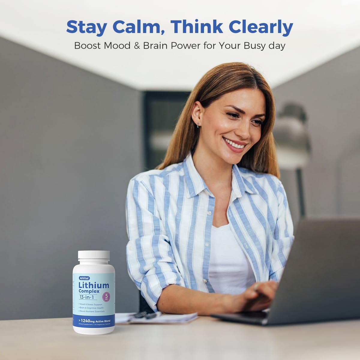 AiVital™ Lithium Orotate 5mg, 13-in-1 Lithium Supplement with Magnesium Glycinate, L-theanine & DHA for Daily Balance, Focus & Clarity, Low-Dose Formula, Non-GMO, Gluten Free, Vegan, 120 Capsules - TrustMedUSA