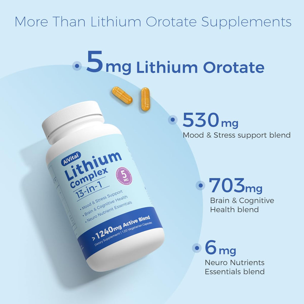 AiVital™ Lithium Orotate 5mg, 13-in-1 Lithium Supplement with Magnesium Glycinate, L-theanine & DHA for Daily Balance, Focus & Clarity, Low-Dose Formula, Non-GMO, Gluten Free, Vegan, 120 Capsules - TrustMedUSA