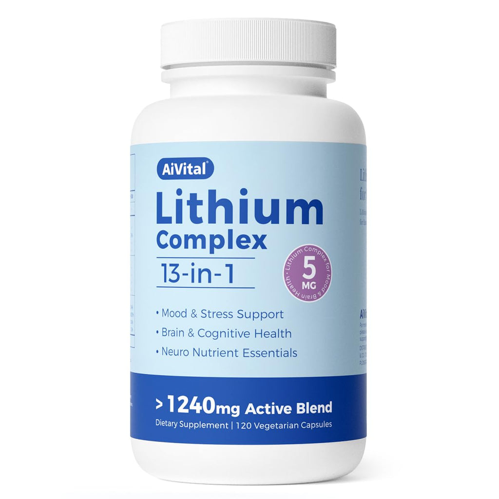 AiVital™ Lithium Orotate 5mg, 13-in-1 Lithium Supplement with Magnesium Glycinate, L-theanine & DHA for Daily Balance, Focus & Clarity, Low-Dose Formula, Non-GMO, Gluten Free, Vegan, 120 Capsules - TrustMedUSA