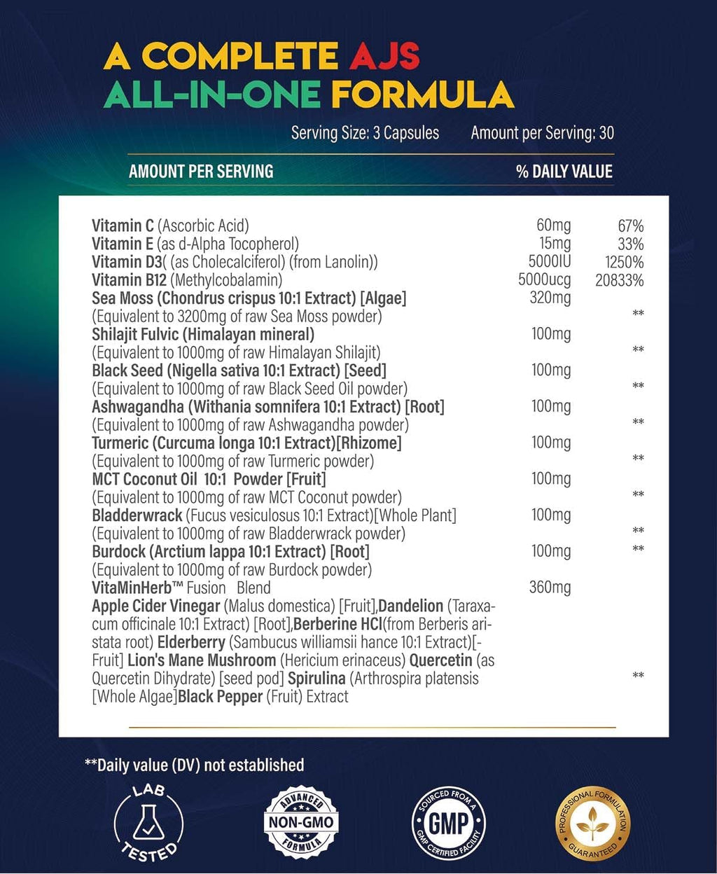 AJS Sea Moss Capsules 3200mg, Himalayan Shilajit 1000mg with Black Seed Oil, Ashwagandha, Turmeric, Bladderwrack, Burdock, Vitamins, Berberine, Lion’s Mane Mushroom, Elderberry- 90 Caps - TrustMedUSA