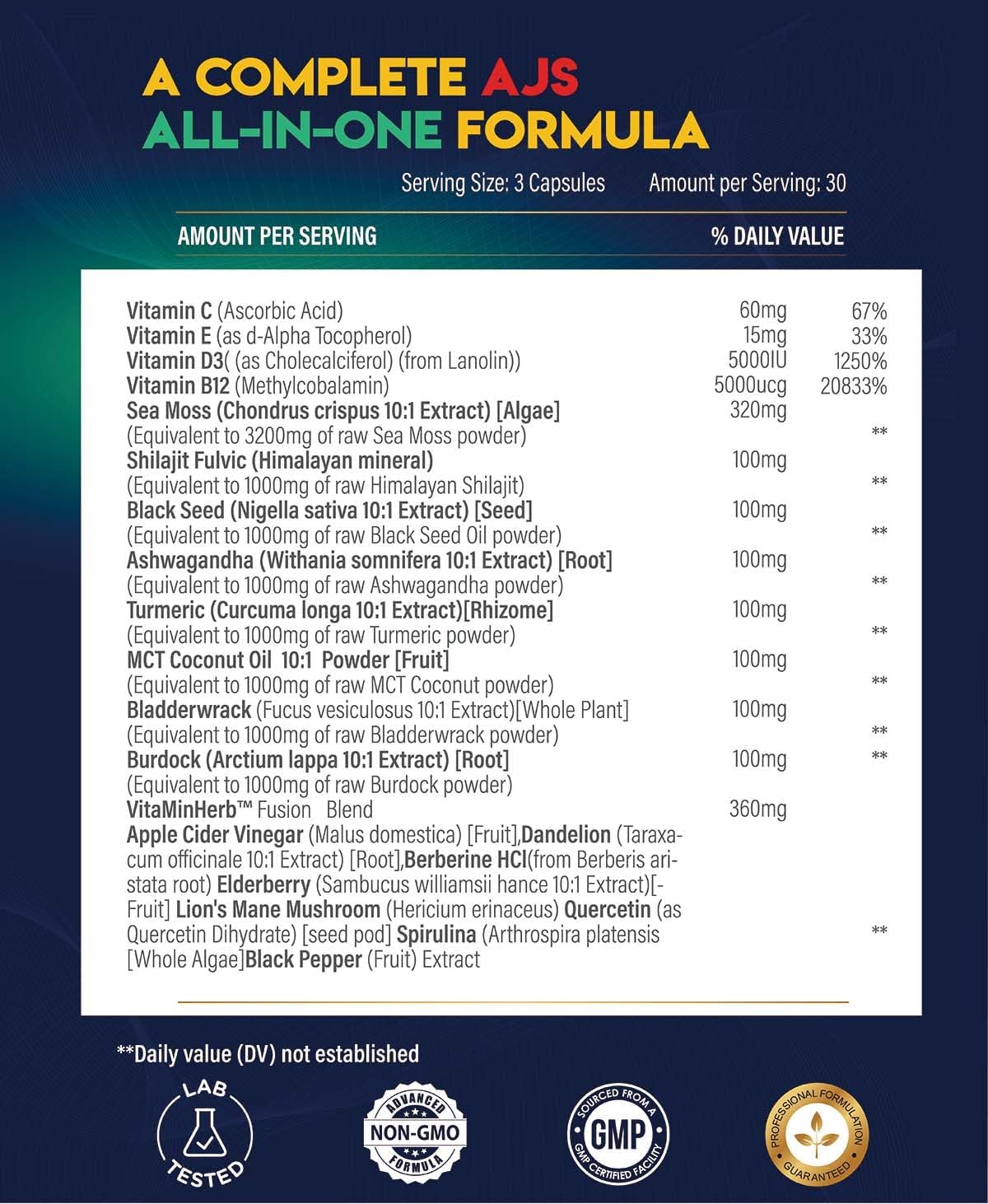 AJS Sea Moss Capsules 3200mg, Himalayan Shilajit 1000mg with Black Seed Oil, Ashwagandha, Turmeric, Bladderwrack, Burdock, Vitamins, Berberine, Lion’s Mane Mushroom, Elderberry- 90 Caps - TrustMedUSA