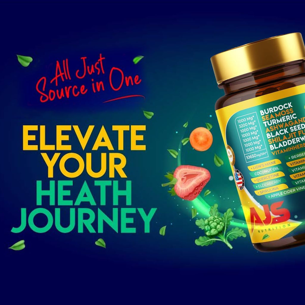 AJS Sea Moss Capsules 3200mg, Himalayan Shilajit 1000mg with Black Seed Oil, Ashwagandha, Turmeric, Bladderwrack, Burdock, Vitamins, Berberine, Lion’s Mane Mushroom, Elderberry- 90 Caps - TrustMedUSA