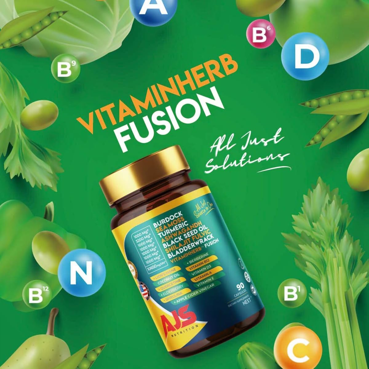 AJS Sea Moss Capsules 3200mg, Himalayan Shilajit 1000mg with Black Seed Oil, Ashwagandha, Turmeric, Bladderwrack, Burdock, Vitamins, Berberine, Lion’s Mane Mushroom, Elderberry- 90 Caps - TrustMedUSA
