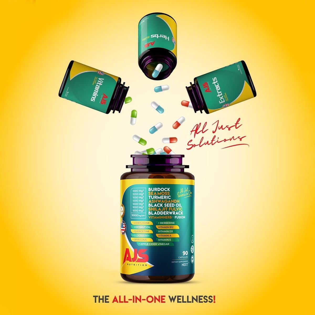 AJS Sea Moss Capsules 3200mg, Himalayan Shilajit 1000mg with Black Seed Oil, Ashwagandha, Turmeric, Bladderwrack, Burdock, Vitamins, Berberine, Lion’s Mane Mushroom, Elderberry- 90 Caps - TrustMedUSA