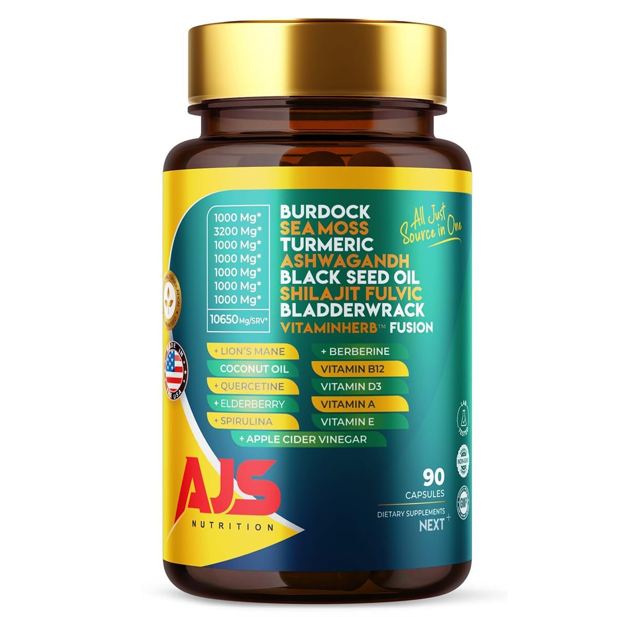 AJS Sea Moss Capsules 3200mg, Himalayan Shilajit 1000mg with Black Seed Oil, Ashwagandha, Turmeric, Bladderwrack, Burdock, Vitamins, Berberine, Lion’s Mane Mushroom, Elderberry- 90 Caps - TrustMedUSA