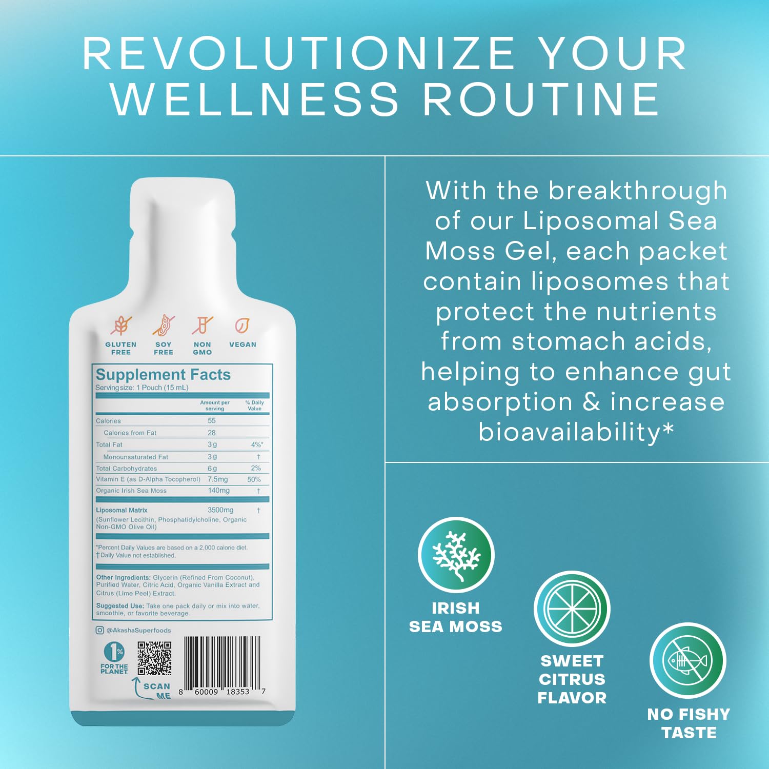 Akasha Superfoods Irish Sea Moss Gel, Liposomal Seamoss with Irish Sea Moss, Vitamin E, Citrus, Organic Vanilla, Glycerin, Skin, Energy & Gut Health Support for Women & Men, Sweet Citrus Flavor, 30 Ct - TrustMedUSA