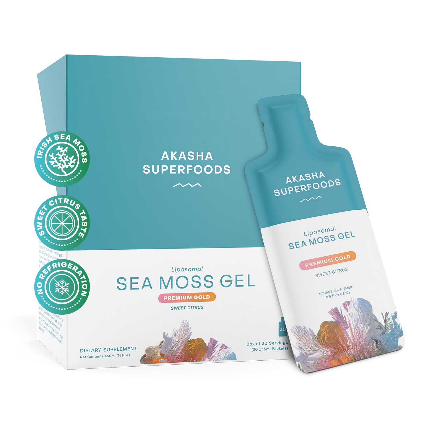 Akasha Superfoods Irish Sea Moss Gel, Liposomal Seamoss with Irish Sea Moss, Vitamin E, Citrus, Organic Vanilla, Glycerin, Skin, Energy & Gut Health Support for Women & Men, Sweet Citrus Flavor, 30 Ct - TrustMedUSA
