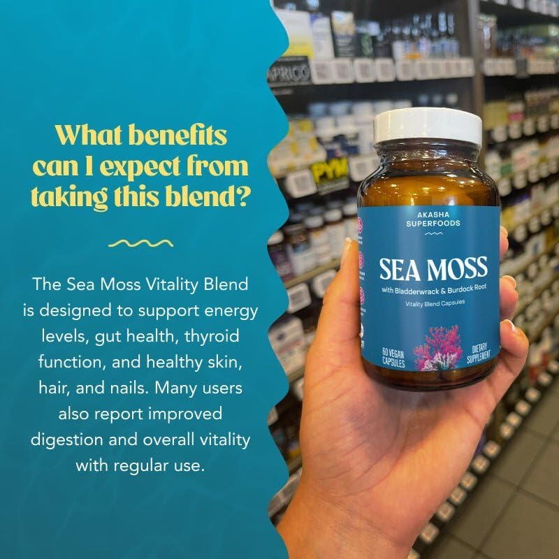 Akasha Superfoods Sea Moss Capsules, Organic Irish Moss with Bladderwrack Root, Burdock Root, and BioPerine, Skin, Thyroid, Digestion & Immunity Support for Women & Men, Gluten Free, Vegan, 60 Count - TrustMedUSA