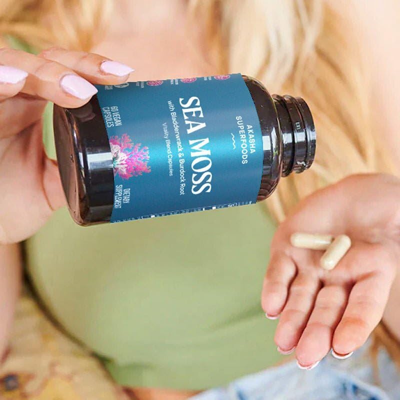 Akasha Superfoods Sea Moss Capsules, Organic Irish Moss with Bladderwrack Root, Burdock Root, and BioPerine, Skin, Thyroid, Digestion & Immunity Support for Women & Men, Gluten Free, Vegan, 60 Count - TrustMedUSA
