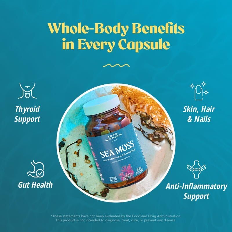 Akasha Superfoods Sea Moss Capsules, Organic Irish Moss with Bladderwrack Root, Burdock Root, and BioPerine, Skin, Thyroid, Digestion & Immunity Support for Women & Men, Gluten Free, Vegan, 60 Count - TrustMedUSA