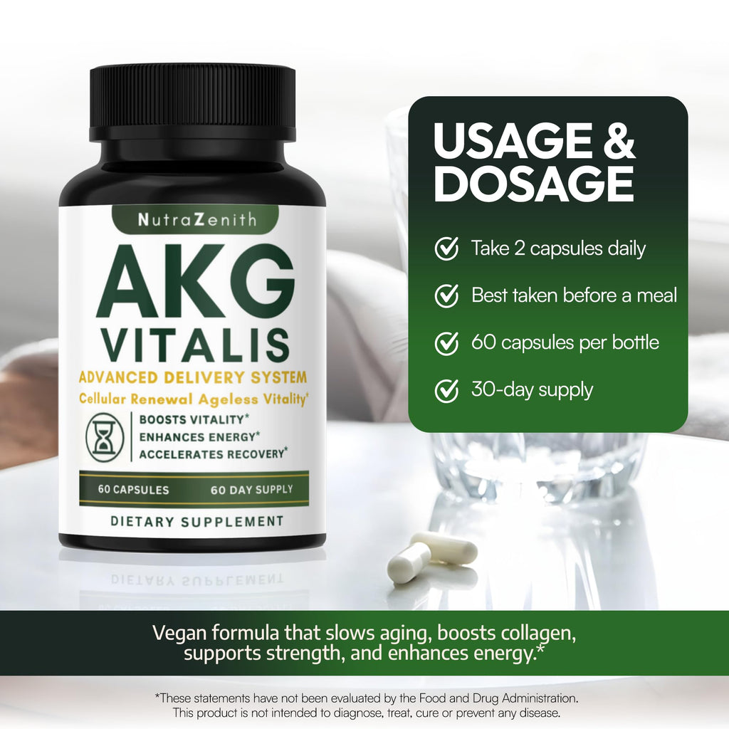 AKG Anti-Aging & Energy Boost Supplement with Vitamin B6, Vitamin C & L-Arginine – 60 Capsules for Youthful Skin, Cellular Renewal & Vitality Support - TrustMedUSA