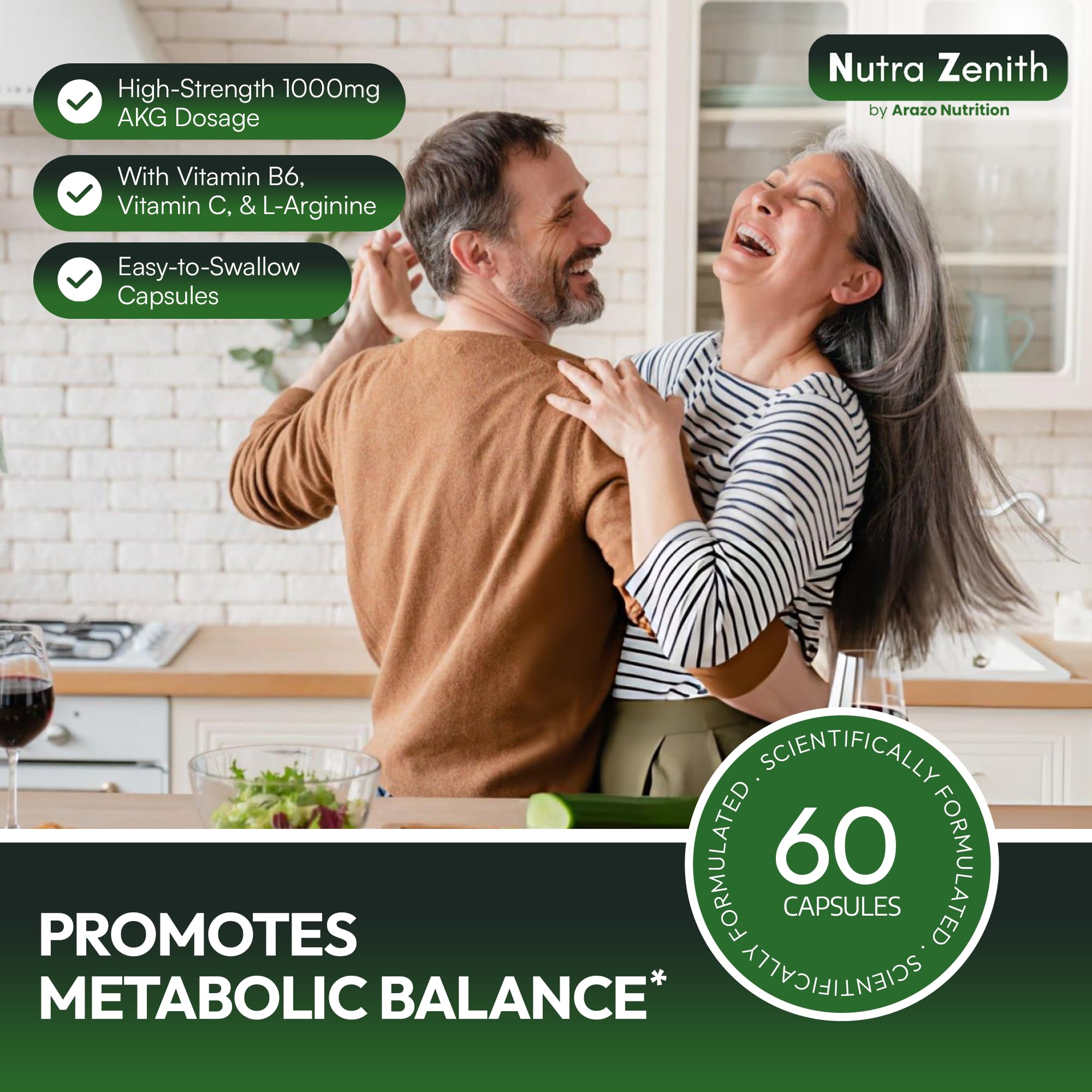 AKG Anti-Aging & Energy Boost Supplement with Vitamin B6, Vitamin C & L-Arginine – 60 Capsules for Youthful Skin, Cellular Renewal & Vitality Support - TrustMedUSA
