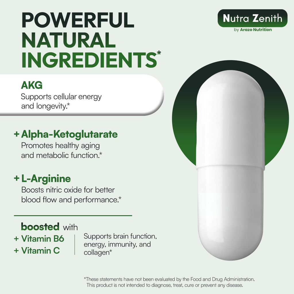 AKG Anti-Aging & Energy Boost Supplement with Vitamin B6, Vitamin C & L-Arginine – 60 Capsules for Youthful Skin, Cellular Renewal & Vitality Support - TrustMedUSA