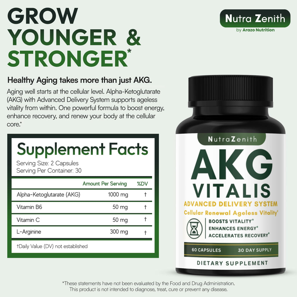 AKG Anti-Aging & Energy Boost Supplement with Vitamin B6, Vitamin C & L-Arginine – 60 Capsules for Youthful Skin, Cellular Renewal & Vitality Support - TrustMedUSA