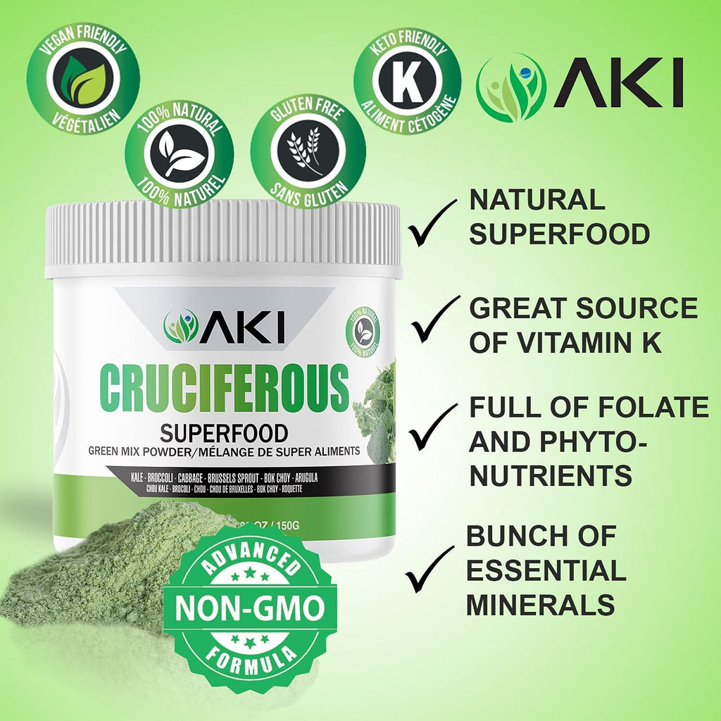 AKI Cruciferous Superfood Green Mix Powder - Made from Kale, Broccoli, Brussels Sprouts, Cabbage - Packed with Essential Phytonutrients & Vitamins ((5.3oz/150g)) - TrustMedUSA