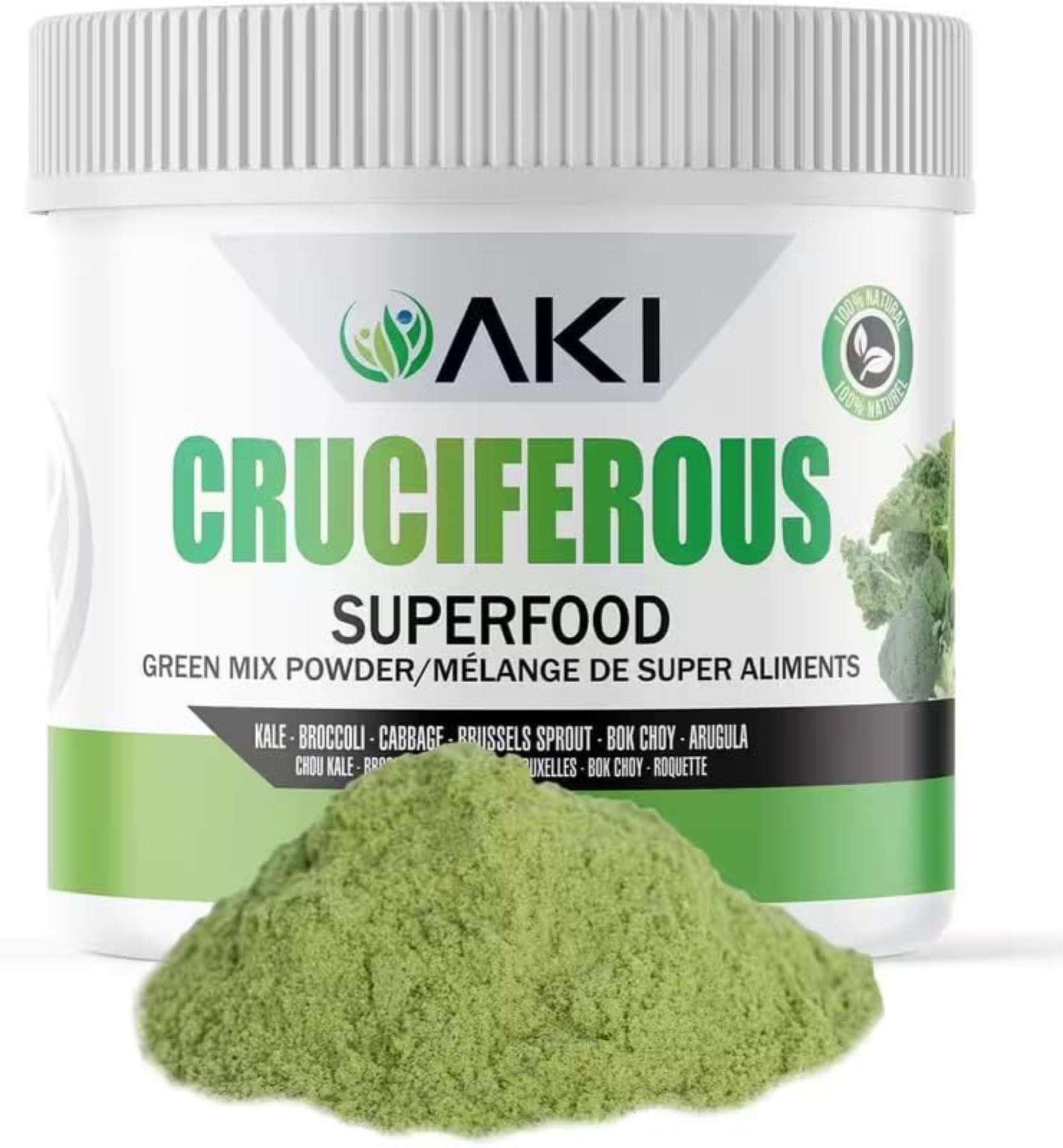 AKI Cruciferous Superfood Green Mix Powder - Made from Kale, Broccoli, Brussels Sprouts, Cabbage - Packed with Essential Phytonutrients & Vitamins ((5.3oz/150g)) - TrustMedUSA