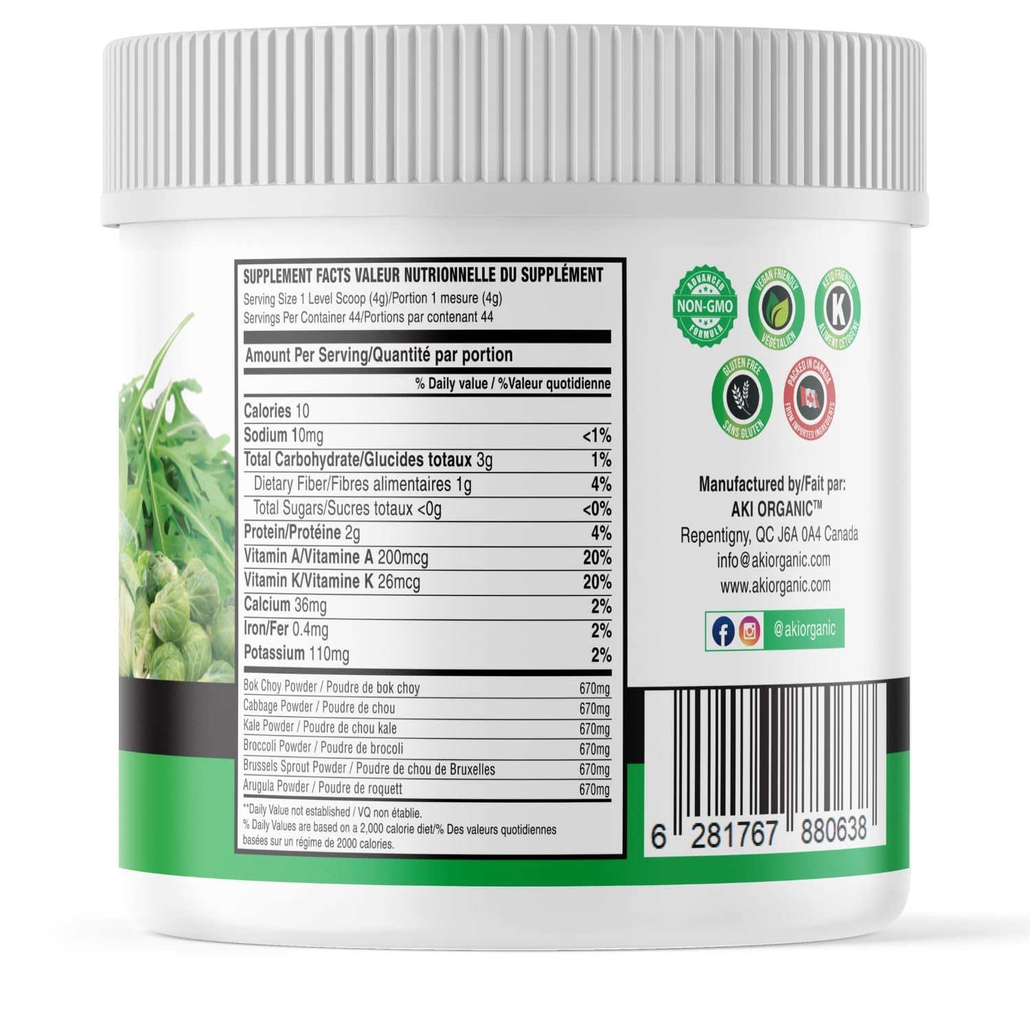AKI Cruciferous Superfood Green Mix Powder - Made from Kale, Broccoli, Brussels Sprouts, Cabbage - Packed with Essential Phytonutrients & Vitamins ((5.3oz/150g)) - TrustMedUSA