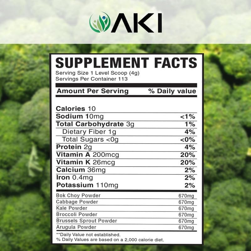 AKI Cruciferous Superfood Green Mix Powder - Made from Kale, Broccoli, Brussels Sprouts, Cabbage - Packed with Essential Phytonutrients & Vitamins ((5.3oz/150g)) - TrustMedUSA