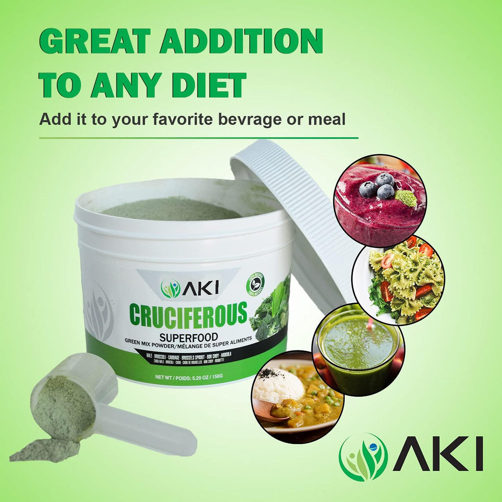 AKI Cruciferous Superfood Green Mix Powder - Made from Kale, Broccoli, Brussels Sprouts, Cabbage - Packed with Essential Phytonutrients & Vitamins ((5.3oz/150g)) - TrustMedUSA