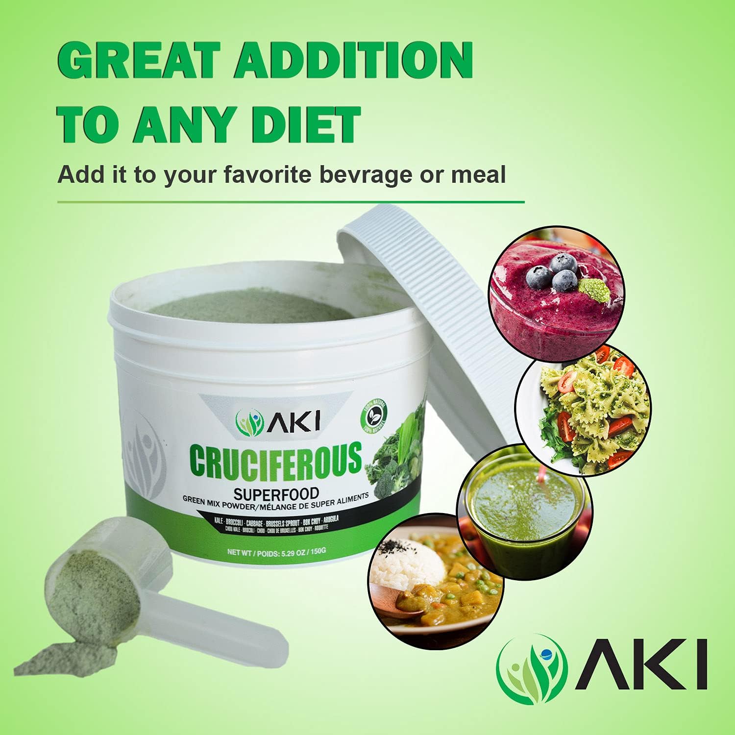 AKI Cruciferous Superfood Green Mix Powder - Made from Kale, Broccoli, Brussels Sprouts, Cabbage - Packed with Essential Phytonutrients & Vitamins ((5.3oz/150g)) - TrustMedUSA
