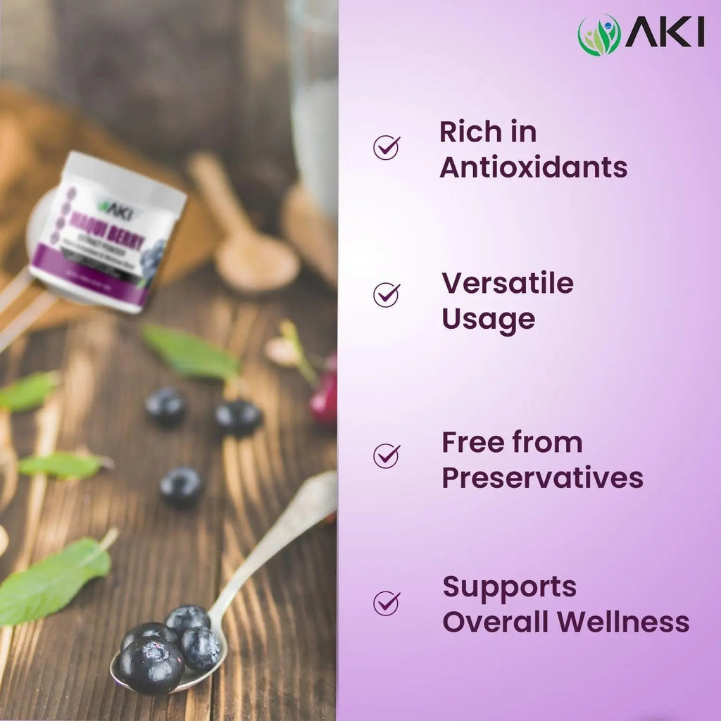 AKI Maqui Berry Extract Powder – Wild Harvested from Patagonia, High in Anthocyanins & Polyphenols, Freeze-Dried Superfruit for Smoothies, Non-GMO, Vegan, 150g/ 5.3 oz - TrustMedUSA