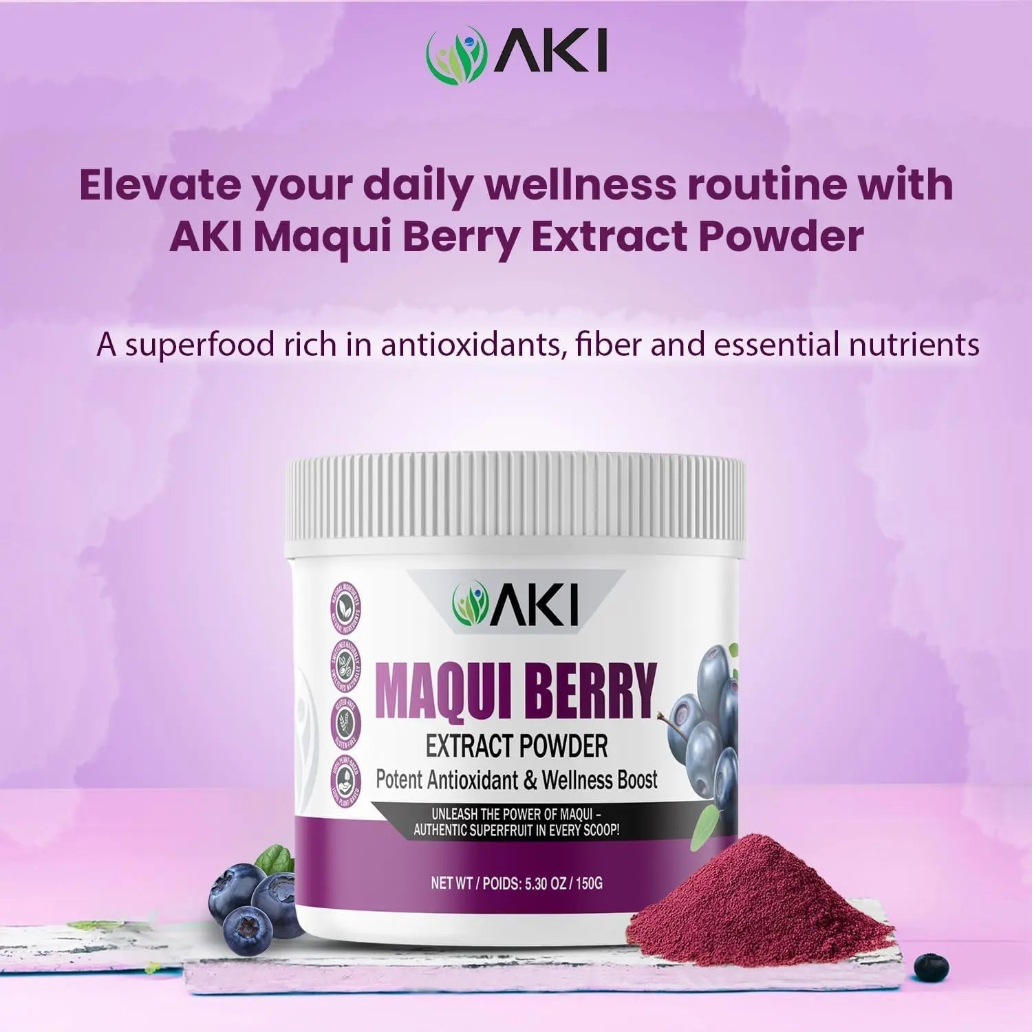 AKI Maqui Berry Extract Powder – Wild Harvested from Patagonia, High in Anthocyanins & Polyphenols, Freeze-Dried Superfruit for Smoothies, Non-GMO, Vegan, 150g/ 5.3 oz - TrustMedUSA