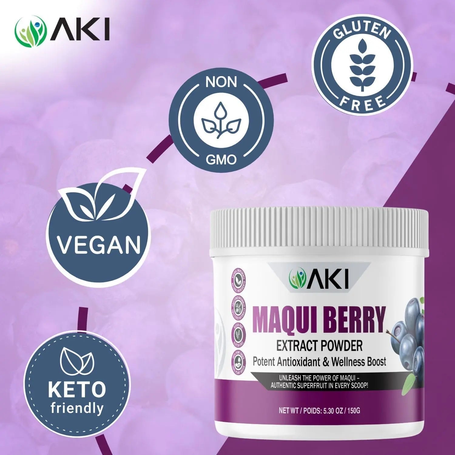 AKI Maqui Berry Extract Powder – Wild Harvested from Patagonia, High in Anthocyanins & Polyphenols, Freeze-Dried Superfruit for Smoothies, Non-GMO, Vegan, 150g/ 5.3 oz - TrustMedUSA