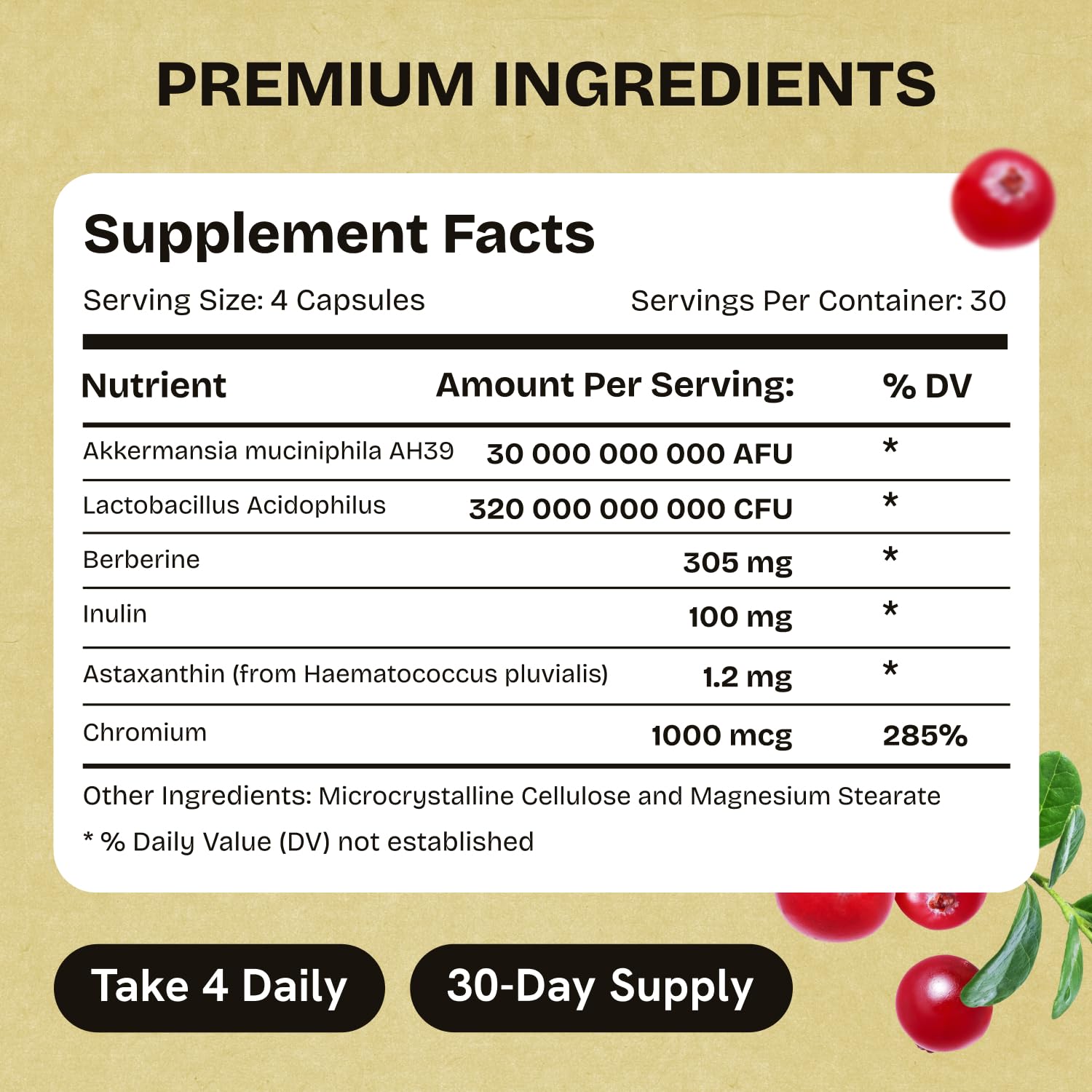 Akkermansia Muciniphila Probiotics 320 Billion CFU| Probiotic and Prebiotic | Akkermansia Probiotics for gut health | Inulin Prebiotic Fiber Capsules Astaxanthin & Berberine & Chromium | 120 capsules - TrustMedUSA