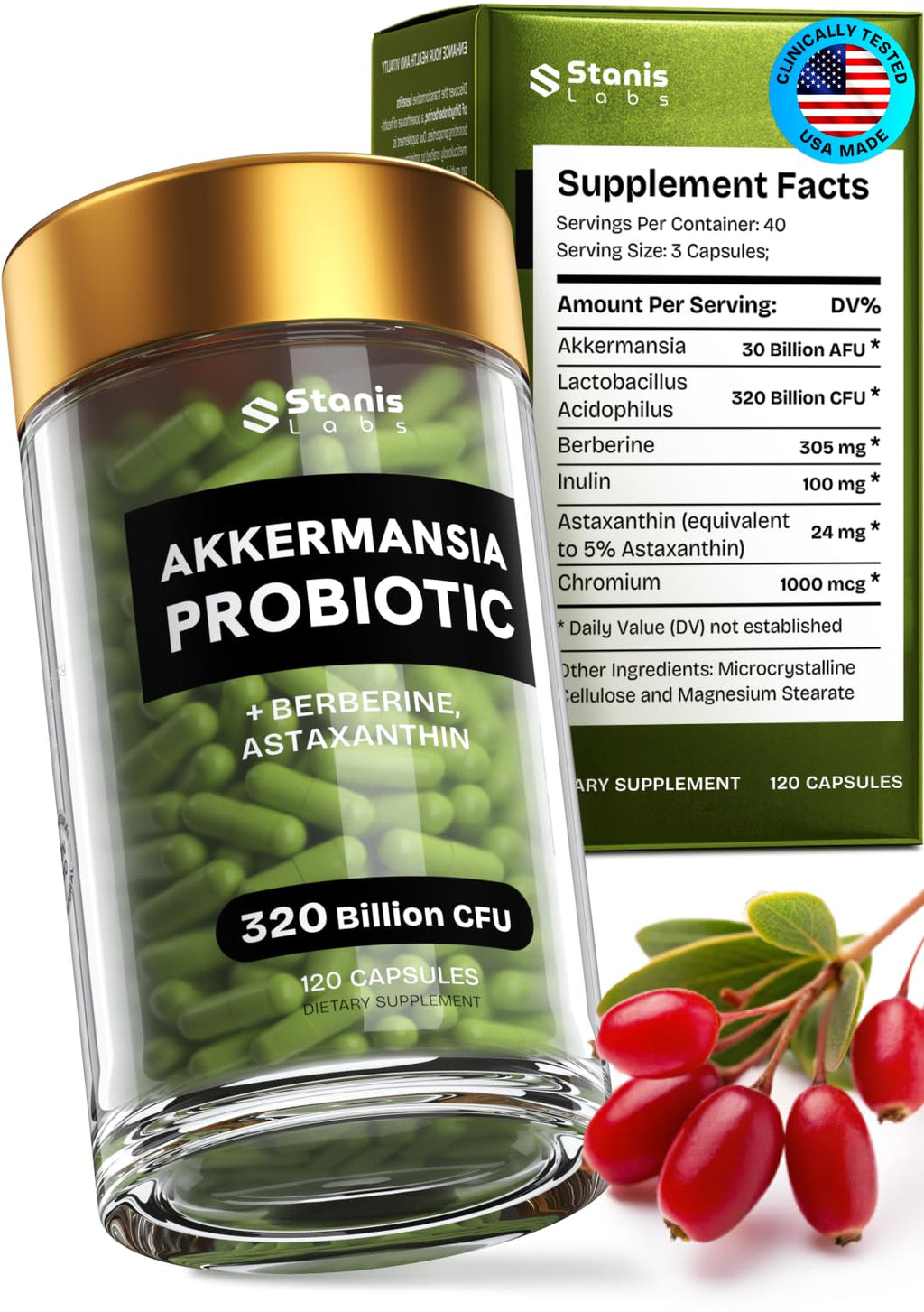 Akkermansia Muciniphila Probiotics 320 Billion CFU| Probiotic and Prebiotic | Akkermansia Probiotics for gut health | Inulin Prebiotic Fiber Capsules Astaxanthin & Berberine & Chromium | 120 capsules - TrustMedUSA