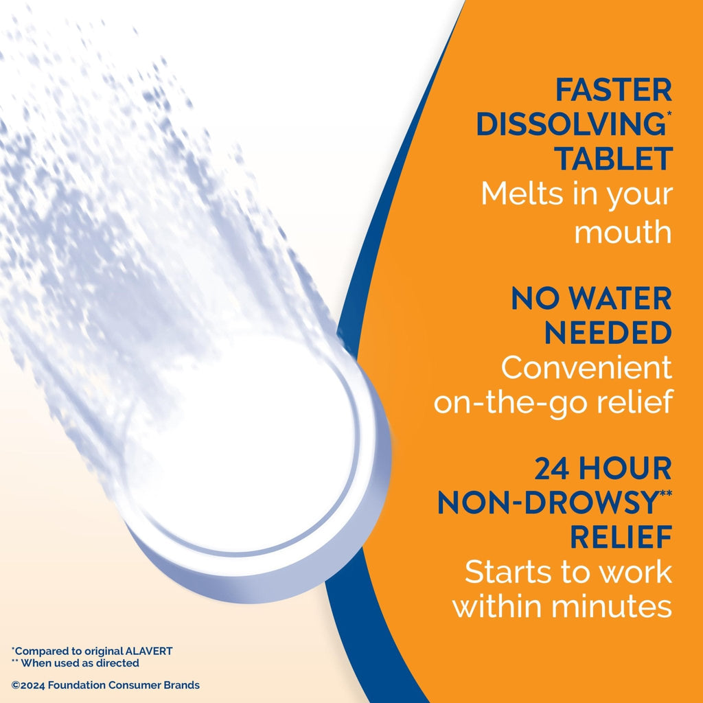 Alavert 24 Hour Allergy Relief Tablets, Non-Drowsy Antihistamine, Orally Disintegrating Allergy Tablets, Loratadine 10 mg, Citrus Burst Flavor, 18 Count - Maple Wellness Supplements
