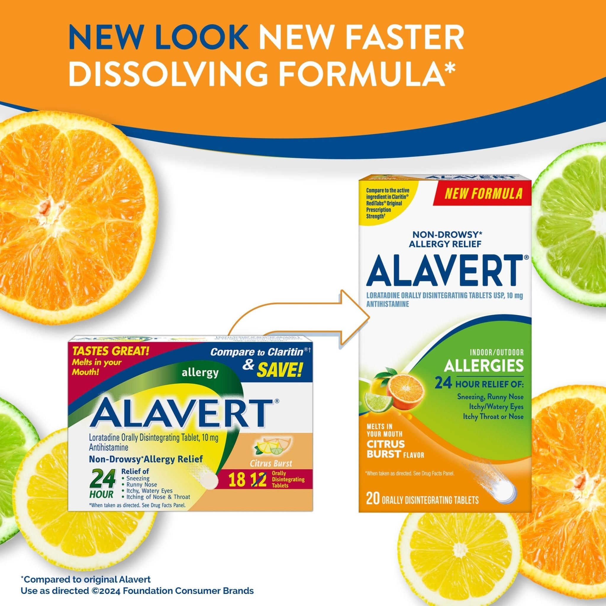 Alavert 24 Hour Allergy Relief Tablets, Non-Drowsy Antihistamine, Orally Disintegrating Allergy Tablets, Loratadine 10 mg, Citrus Burst Flavor, 18 Count - Maple Wellness Supplements